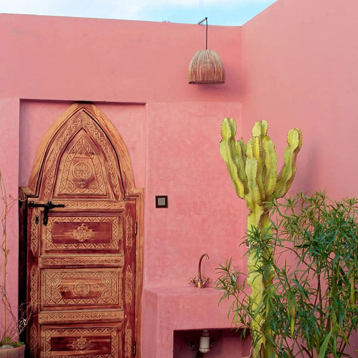 Porte en bois sculpté dans un mur rose avec cactus